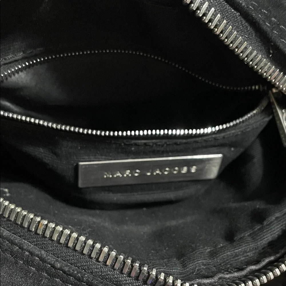 Marc Jacobs Suede Vintage Black Crossbody with Cream Strap and Red M Charm